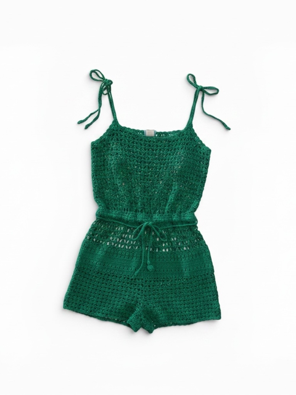 Juliet Dunn Mini Green Crochet Tie-Shoulder One-Piece Romper